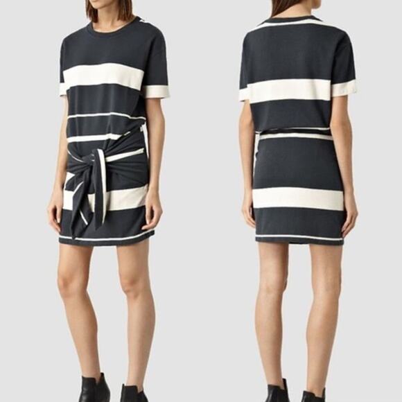 All Saints Chan Cream & Black Stripe Cotton Sweatshirt Mini Dress Tie Waist S - Picture 1 of 6